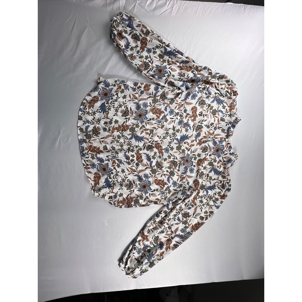 LOFT Womens Floral Ruffle Neck Blouse Small Long Sleeve Keyhole Top White - Picture 13 of 13